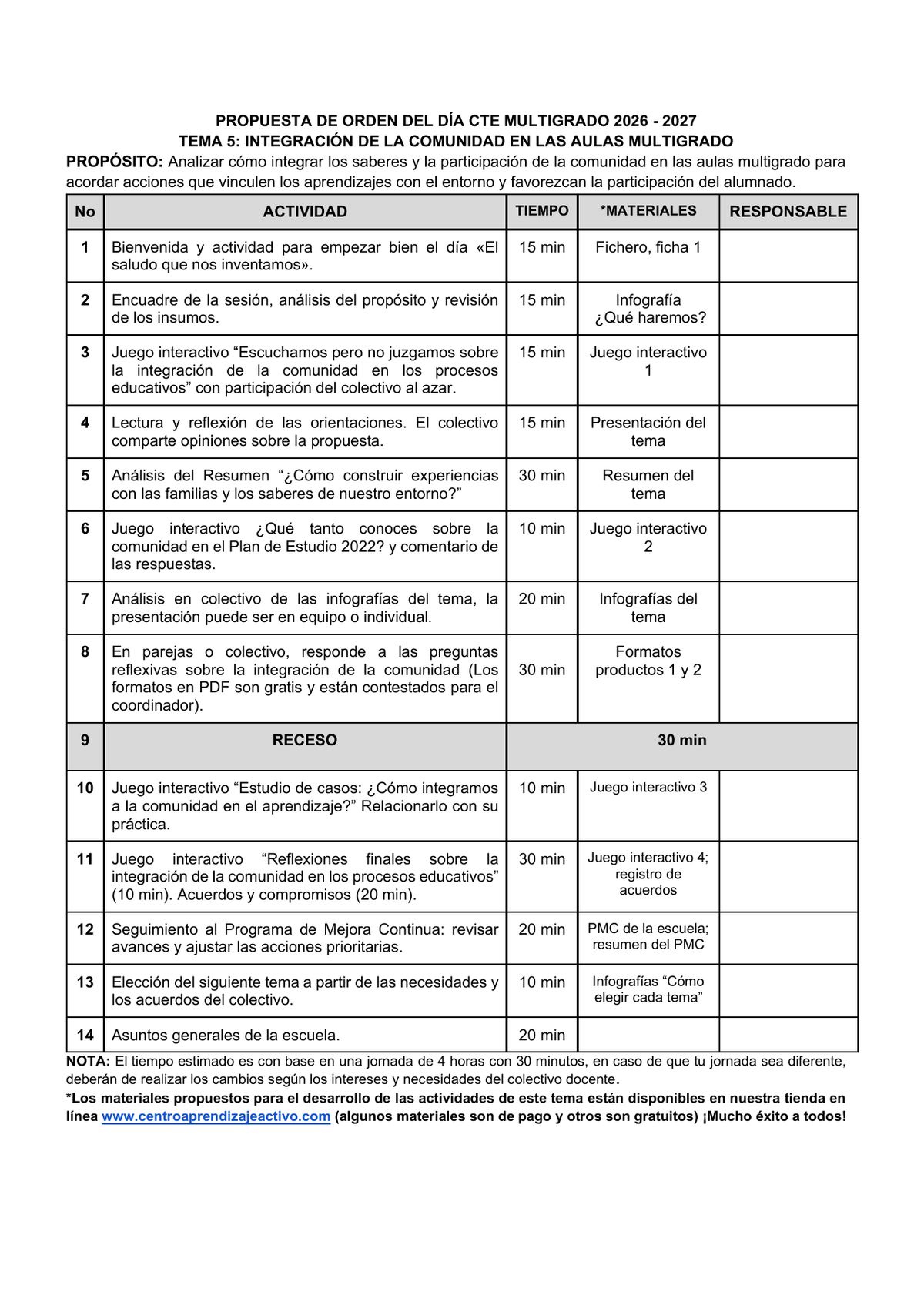 Vista previa de la propuesta de orden del día CTE 2026-2027 en Word editable: Integración de la comunidad, Multigrado, tema 5.