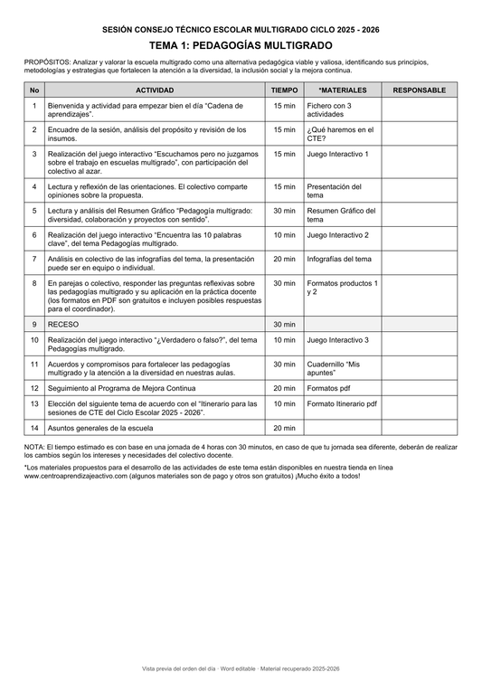 Vista previa de propuesta de orden del día: Pedagogías multigrado. Word editable. Material recuperado 2025–2026.
