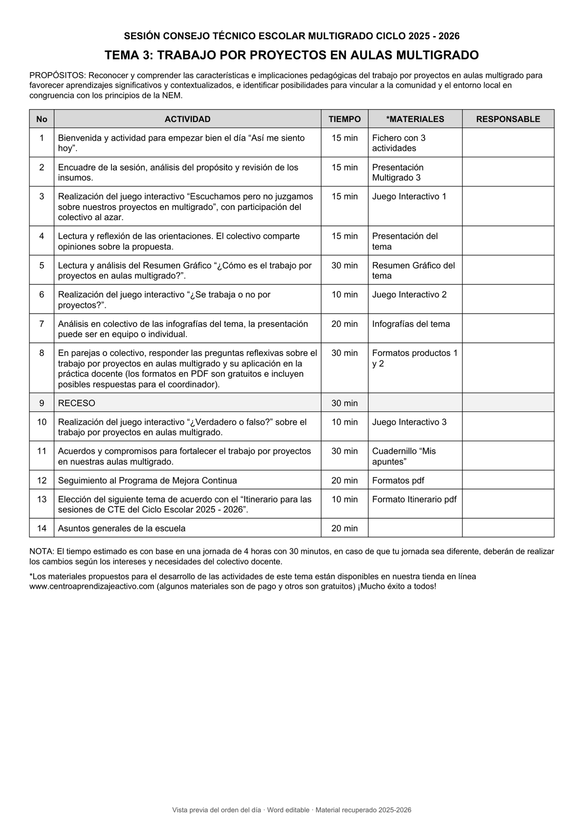 Vista previa de propuesta de orden del día: Trabajo por proyectos en aulas multigrado. Word editable. Material recuperado 2025–2026.