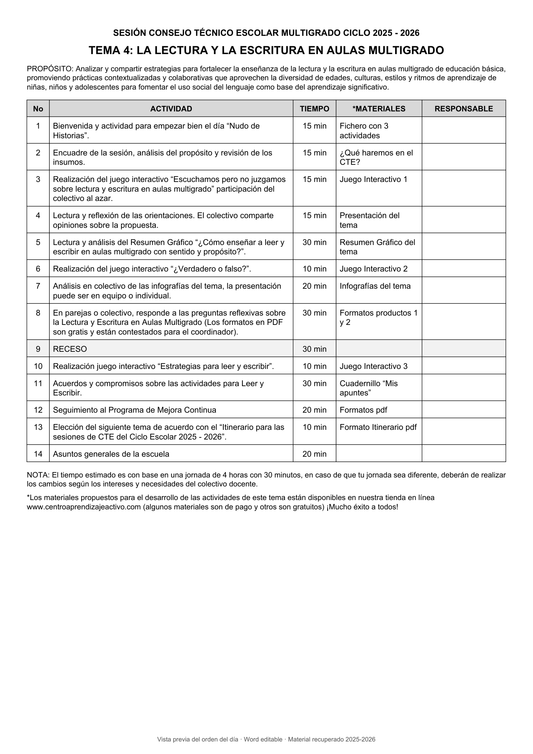 Vista previa de propuesta de orden del día: La lectura y la escritura en aulas multigrado. Word editable. Material recuperado 2025–2026.