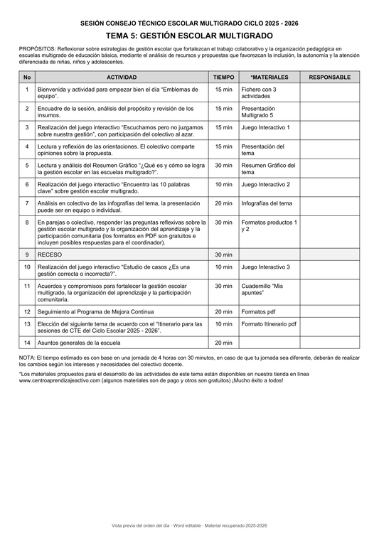 Vista previa de propuesta de orden del día: Gestión escolar multigrado. Word editable. Material recuperado 2025–2026.
